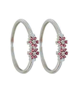 Zevarly Tarishi Two red Flower Design Silver Plated Bangles