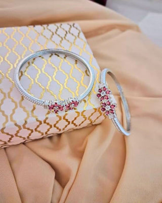 Zevarly Tarishi Two red Flower Design Silver Plated Bangles