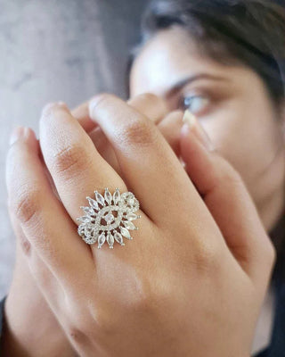 Zuvairiya Fashionable Ring - American Diamond Ring | Model Wearing View | Buy Online India | Zevarly