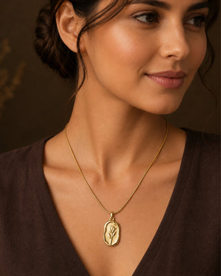 Rose Engraved in Gold Bar Anti Tarnish Pendant - Kashi