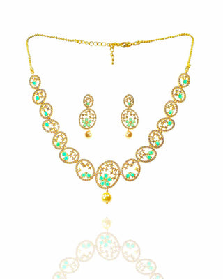 NATALIA PEARL FLORAL GREEN AD NECKLACE SET - Zevarly